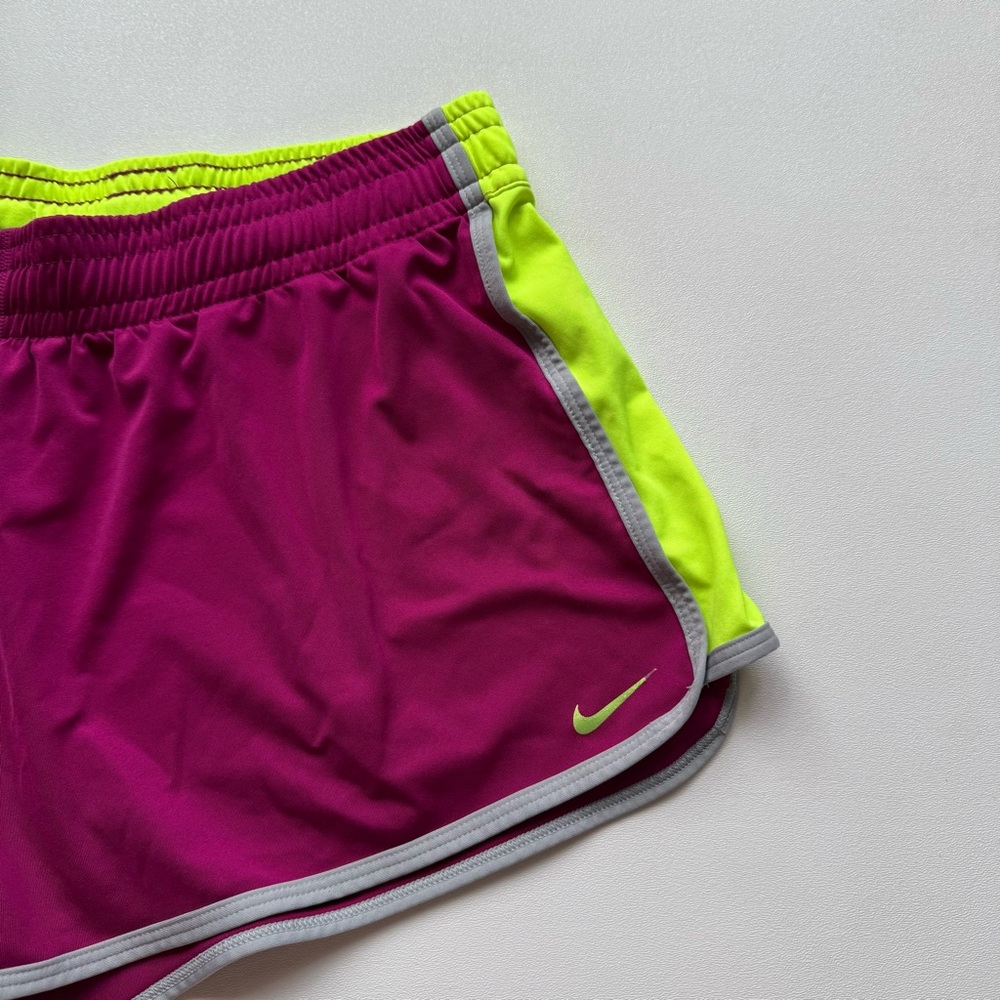 Nike Dri Fit Purple Fluorescent Yellow Running Shorts Womens Size Large - Picture 2 of 9